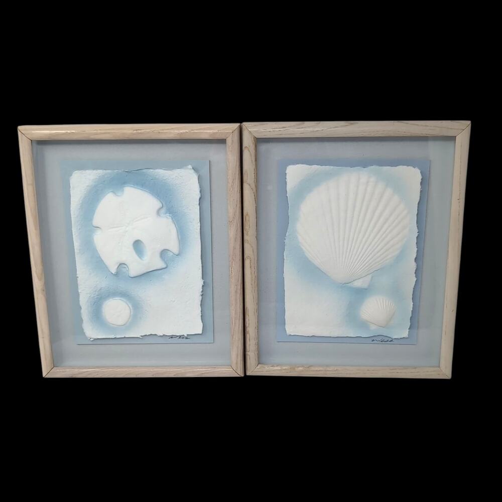 VTG Set of 2 Signed‎ Wess Figi Graphics Pressed Paper Wall Art Shells Framed